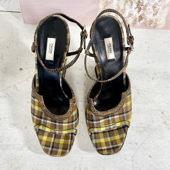Prada Brown and Yellow Plaid Wedge Sandals - Picture 3 of 8